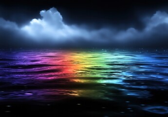 Obraz premium A serene nighttime scene featuring a vibrant rainbow reflection on calm water, surrounded by soft, dark clouds, creating a tranquil and colorful atmosphere.
