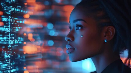 A woman with a digital background, focused on computer data processing and technology advancements. - Powered by Adobe