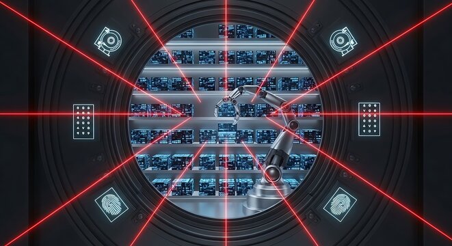 Robotic arm meticulously organizes data within a secure, high-tech server room, monitored by laser grid security.