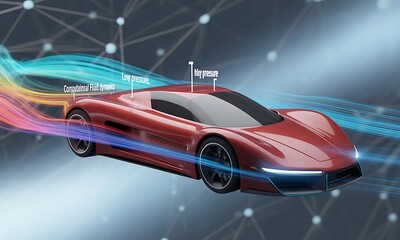 Fototapeta premium A futuristic red sports car, highlighted by airflow visualizations, demonstrates aerodynamic design principles.