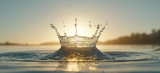 A mesmerizing water splash captured at sunset, revealing intricate droplets and ripples as the sun casts a golden glow on the surface.