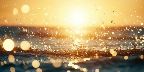 A stunning sunset over the water, with golden droplets splashing in the foreground, creating a magical atmosphere filled with shimmering bokeh effects from the sunshine.