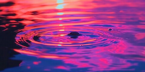 A mesmerizing ripple forms on the surface of water, reflecting vibrant hues of pink and purple as the sun sets, creating a tranquil and serene atmosphere.