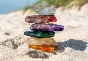 A vibrant stack of polished gemstones resting on sandy beach, showcasing colors like green, purple, red, and blue. The serene background enhances the tranquil mood.