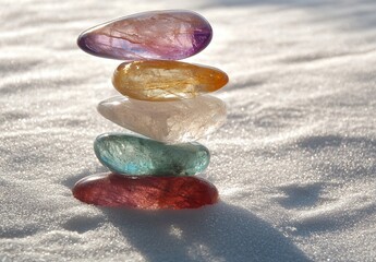 A stack of colorful gemstones resting on soft, white snow, showcasing vibrant hues of purple, orange, clear, turquoise, and red, creating a serene and tranquil winter scene.