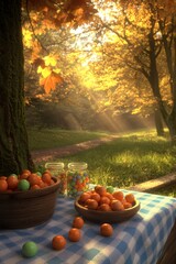 A serene autumn scene featuring vibrant orange and green candies displayed in rustic bowls on a blue checkered cloth, surrounded by golden-orange foliage and soft sunlight.
