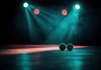 Two white balls positioned on a dimly lit stage with teal and red spotlights creating an atmospheric mood, highlighting their smooth surfaces against the misty background.