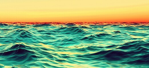 A mesmerizing view of vibrant ocean waves at sunset, showcasing a blend of turquoise and golden hues, creating a tranquil and captivating atmosphere.