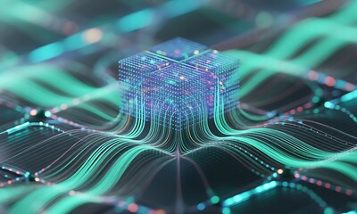 Abstract depiction of a digital cube with flowing lines and glowing effects, representing data processing.