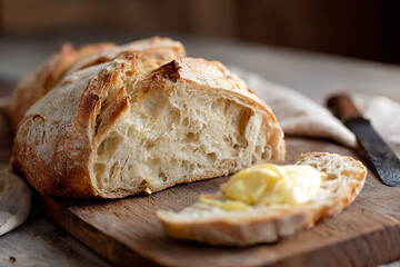 Rustic sourdough bread with butter melting on a slice on a wooden board