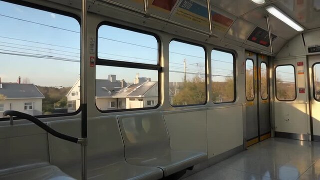 A wide view inside an empty subway car, with rows of brightly colored seats and windows.