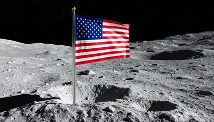 American flag waving on the moon surface with craters and rocky terrain in space