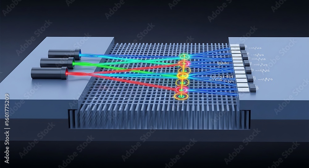 Poster optical device illustration showing light beams passing through a grating and being directed to mult