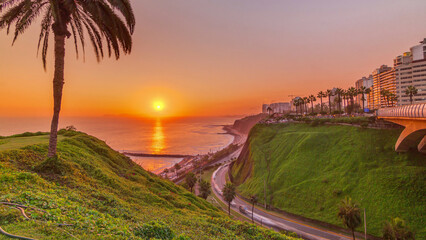 Aerial sunset view of Lima's Coastline in the neighborhood of Miraflores timelapse, Lima, Peru
