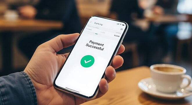 A person holds a smartphone displaying a "Payment Successful" message with a green checkmark, in a cafe setting.