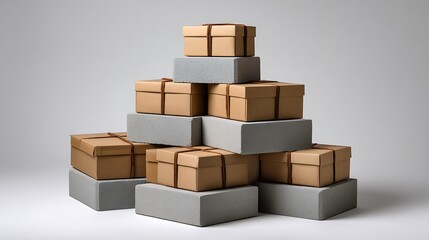 Obraz premium Stacked gift boxes and gray cubes in a pyramid formation
