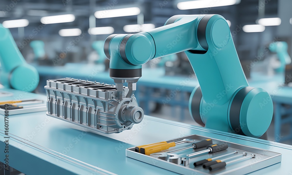 Poster automated robotic arm assembling engine components on a factory assembly line.
