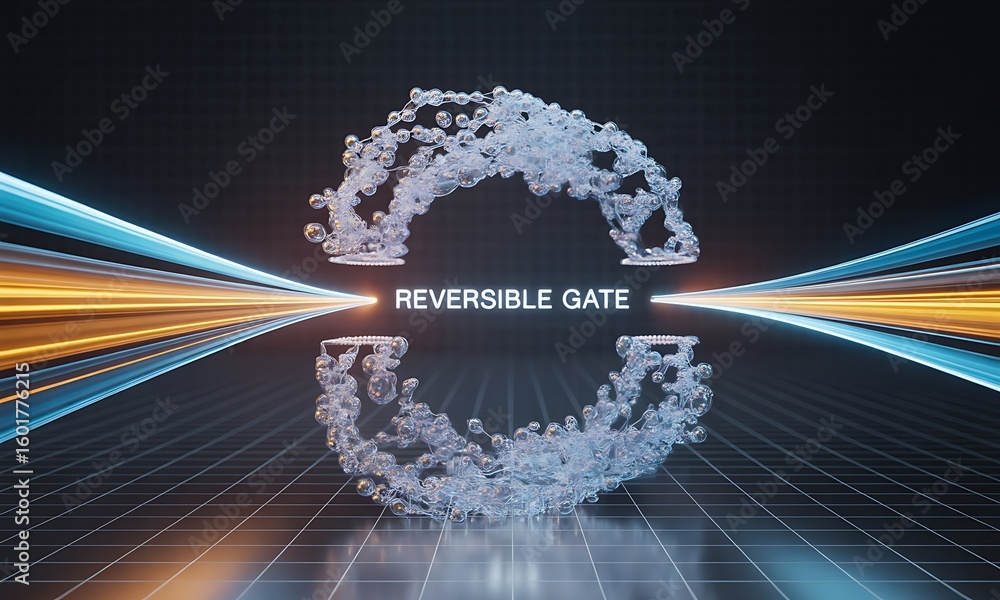 Poster abstract 3d rendering of a reversible gate, depicted as a swirling, translucent circular structure, 