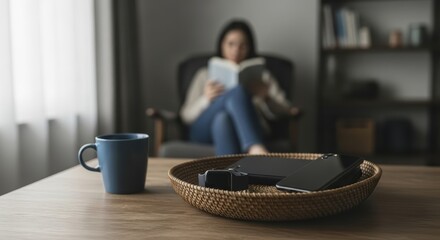 A woman sits in a chair reading a book with a coffee mug and electronic devices on a wooden table in the foreground Smartwatch Phone Tablet Relaxing Leisure