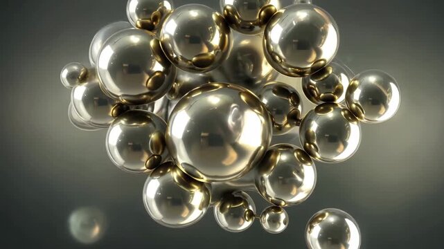 Mesmerizing 3D animation of a cluster of reflective gold and silver metallic liquid spheres merging and separating in a dynamic, fluid motion. Abstract science, tech, and luxury visual.