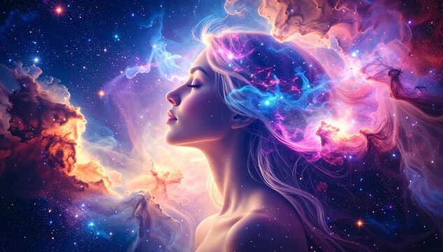 a woman's profile against a backdrop of a cosmic galaxy, exploring a creative mind