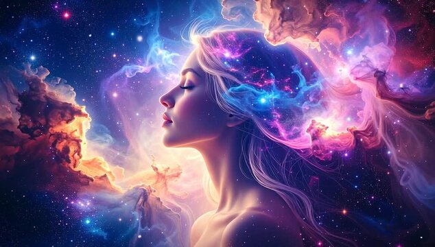 a woman's mind connected to the cosmos. the dreamy illustration shows a woman in deep thought with the universe and cosmic energy surrounding her