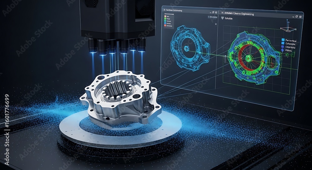 Poster a machine scans a metal part, creating a digital 3d model on a computer screen, highlighting precisi
