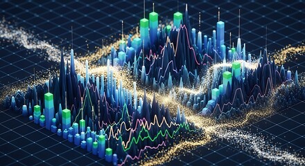 Abstract digital landscape featuring data visualization with colorful bar graphs and flowing lines.
