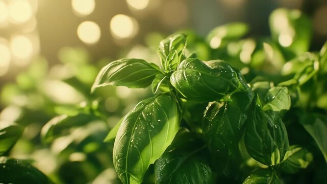 Wet green basil leaves in a garden.
