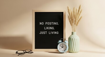 A black letterboard displays a message about living in the moment alongside a vintage alarm clock eyeglasses and a vase with dried wheat stalks decor tabletop