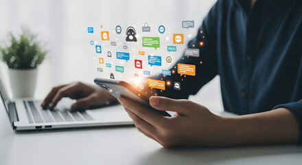 Man using a smartphone for social media marketing and digital communication network