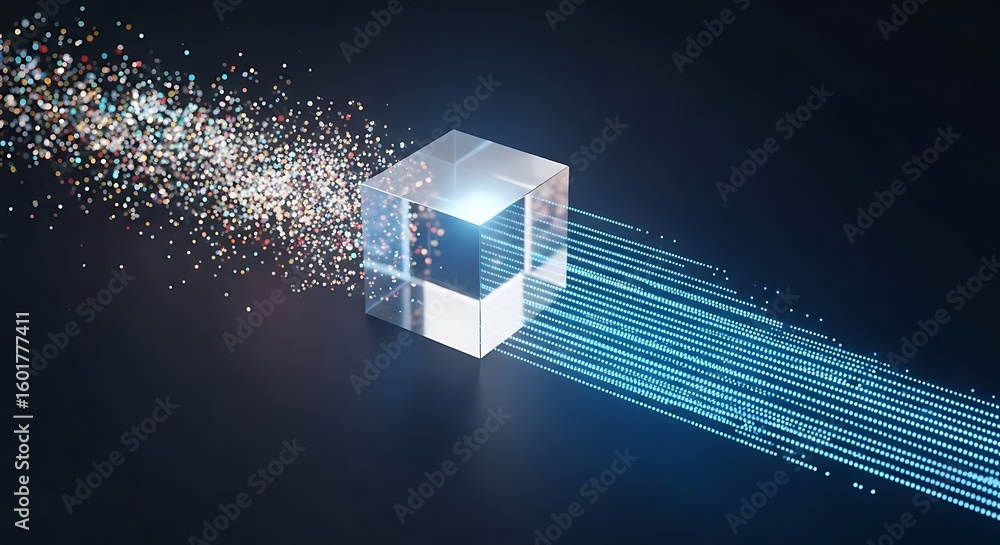Aufkleber transparent cube with digital data streams, representing technology and innovation.