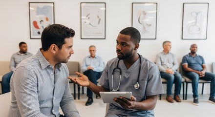 Obraz premium A male doctor discusses results with a patient while other male patients wait in the background of a clinic room Discussion Medical Hospital Healthcare