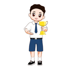 Cartoon boy in school uniform holding a gold trophy. Great for concepts of success, achievement, reward, or student competition.

