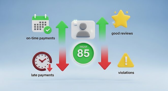 Illustration showing factors influencing trust score: on-time payments, good reviews increase trust, while late payments and violations decrease it.