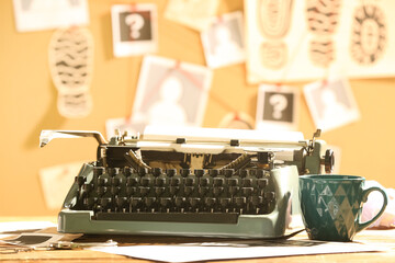 Retro typewriter and cup of tea on table against crime board