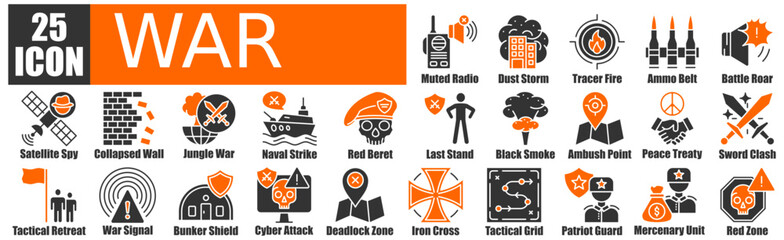 War icon pack collection set for Iron Cross, Tactical Network, Patriot Guard, Mercenary Unit, Red Zone, Silent Radio, Dust Storm, Tracer Shot, Ammo Belt, Battle Roar, Satellite Spy, Crumbling Wall, Ju