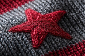 Close up of knitted wool fabric with a striped pullover featuring a red star