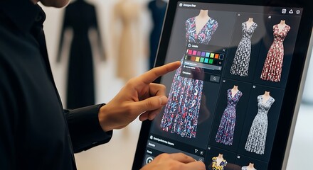 Fashion designer using digital interface to customize dress patterns and colors.