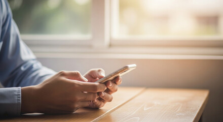 Fototapeta premium Man using smartphone for communication while sitting at desk.