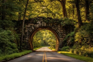 Road passes under stone bridge amid lush trees. Scenery. Travel brochures, blogs, posters