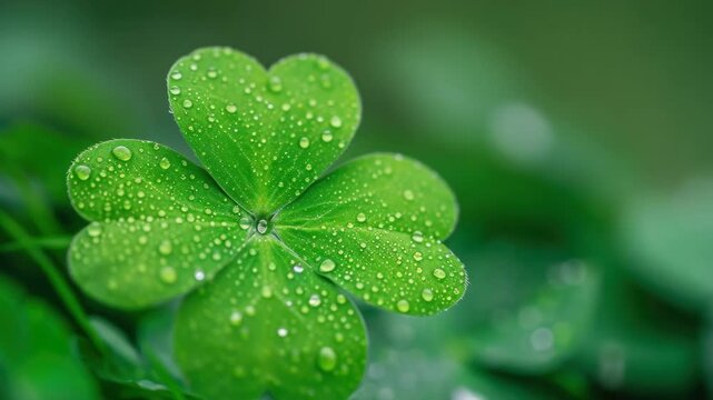 Water droplets on a four-leaf clover symbolizing Irish luck.
