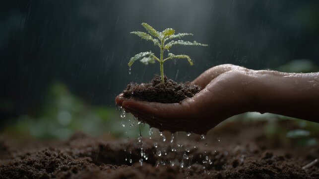 Nurturing growth: hand holding seedling in rich soil with sunlight