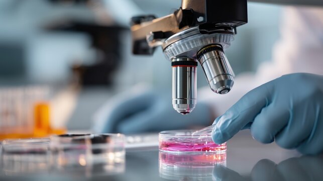 Closeup Of Gloved Hands Using A Microscope To Examine A Pink Liquid Sample In A Petri Dish In A Laboratory Setting