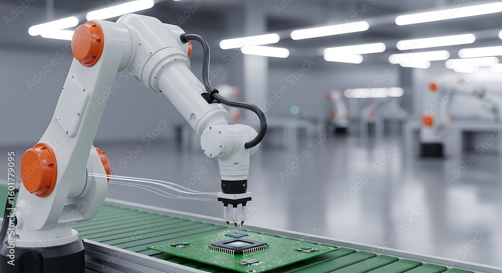 Poster robotic arm working on a circuit board on a conveyor belt in a modern, automated factory setting.
