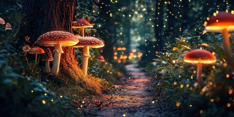 A dreamlike forest path lined with glowing mushrooms and fireflies