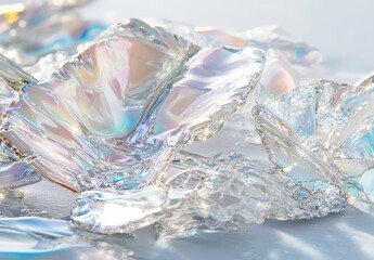 A close-up view of iridescent glass shards reflecting light, creating a kaleidoscope of colors. The crystal-like pieces shimmer beautifully, enhancing the artistic aesthetic of the composition.