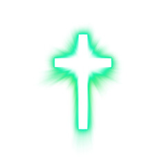 Fototapeta premium Glowing green Christian cross with energy aura on transparent background 