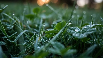 Close-up of dewdrops on green grass and clover leaves, capturing the serene and fresh atmosphere, with soft bokeh - Powered by Adobe