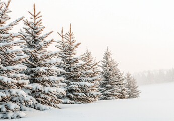 Fototapeta premium A serene winter landscape showcasing a row of snow-covered evergreen trees, their branches heavy with soft, white snow, creating a tranquil and peaceful atmosphere.